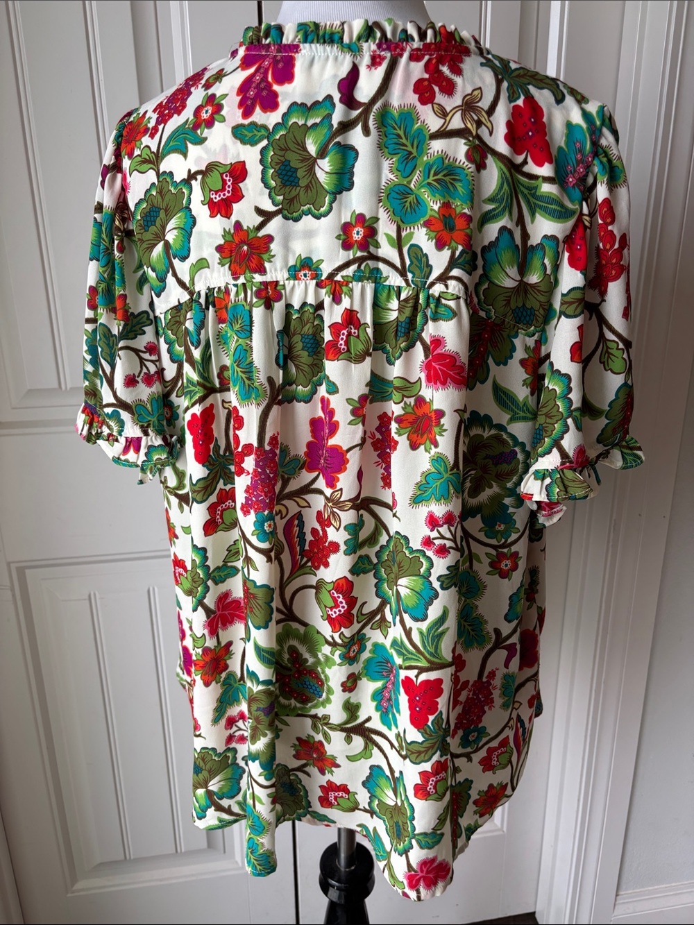 Rose & Olive Ivory Floral Smocked-Yoke Blouse with Green & Red Accents - Picture 5 of 8